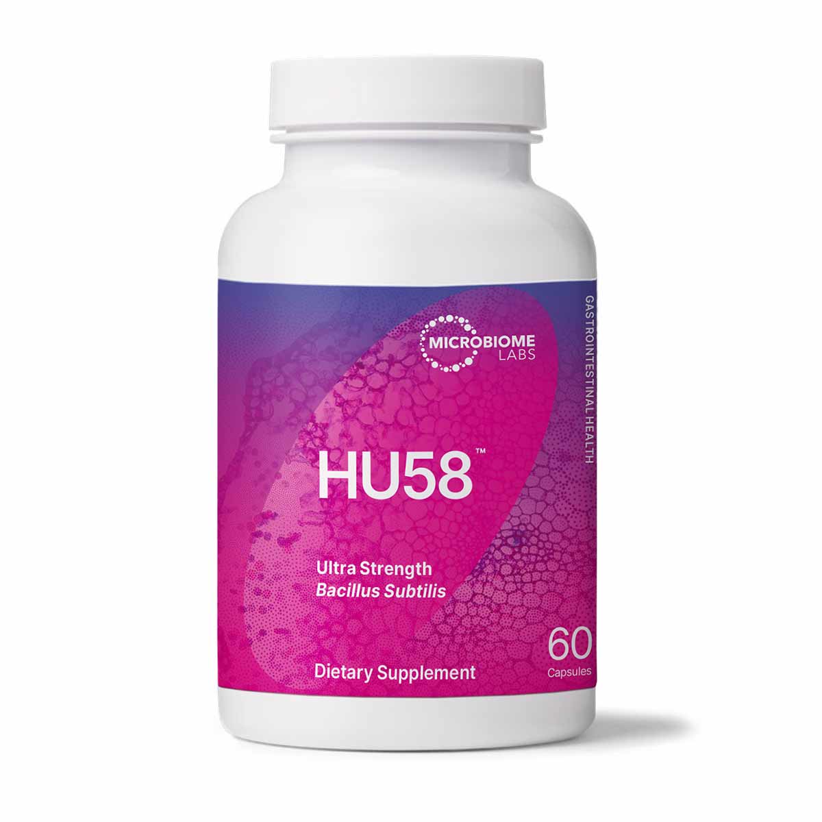 White bottle with purple and pink label showing HU58 Ultra Strength Bacillus Subtilis, 60 capsules, Microbiome Labs.
