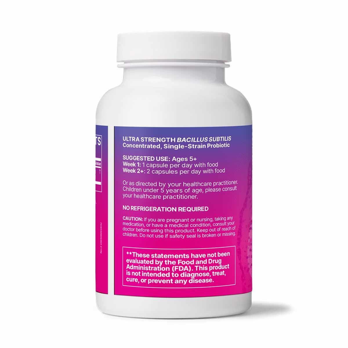White plastic bottle with purple label containing Bacillus Subtilis probiotic capsules, labeled with usage instructions and c