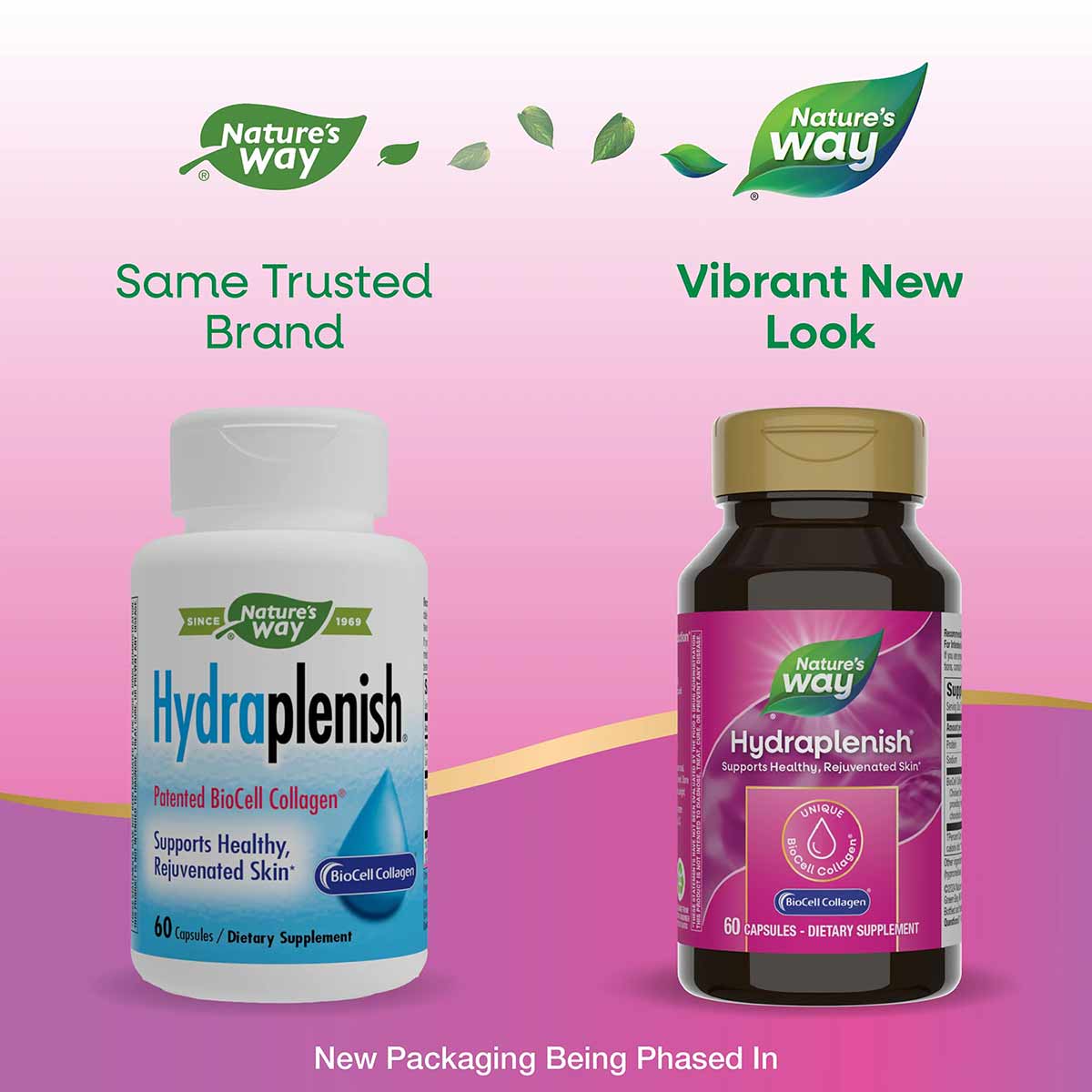 Two bottles of Hydraplenish dietary supplement shown side-by-side, displaying old white bottle and new dark bottle with gold 