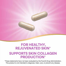 Two tan capsules on pink background with gold curved line and text about skin health benefits.