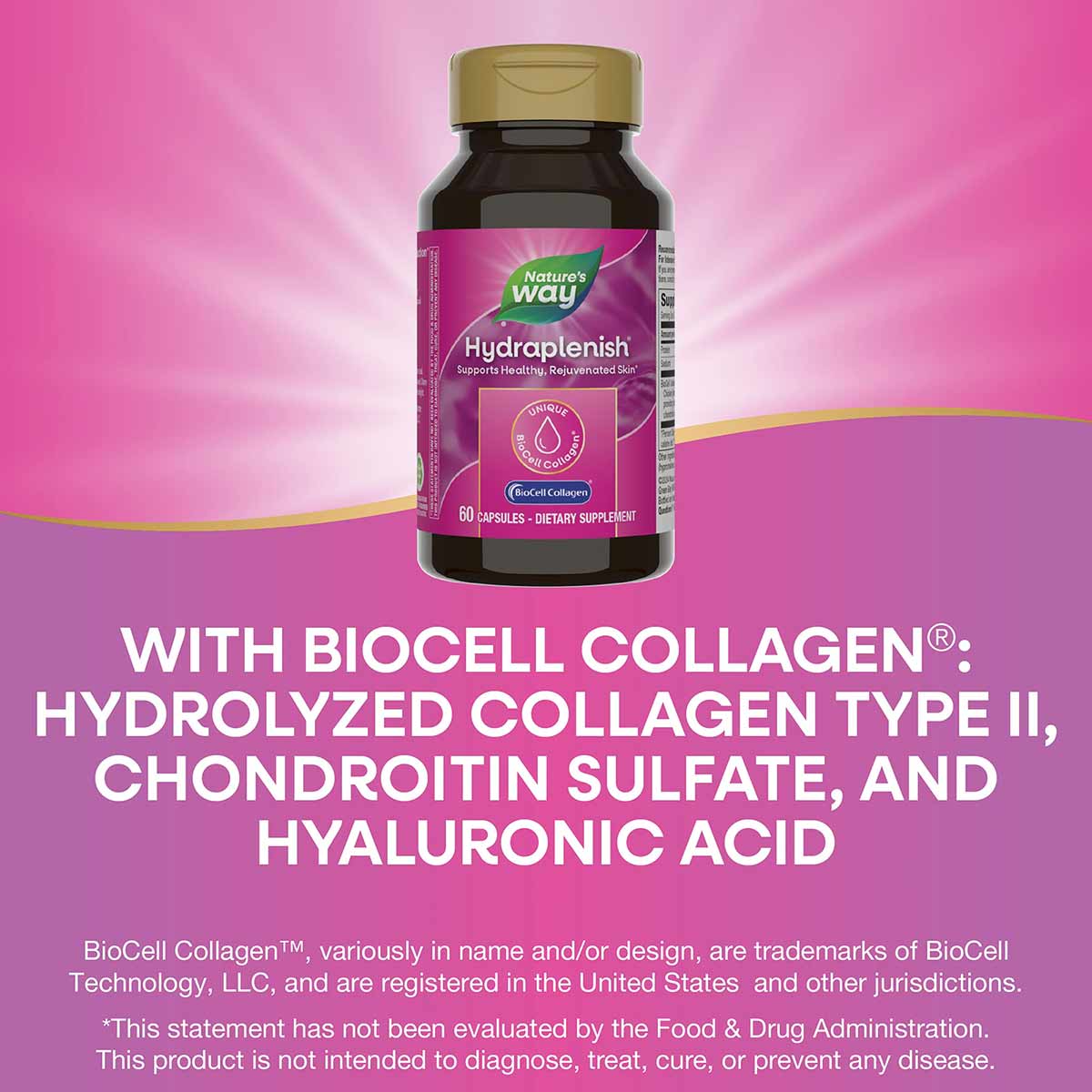 Nature's Way Hydraplenish dietary supplement bottle with gold cap containing 60 capsules.