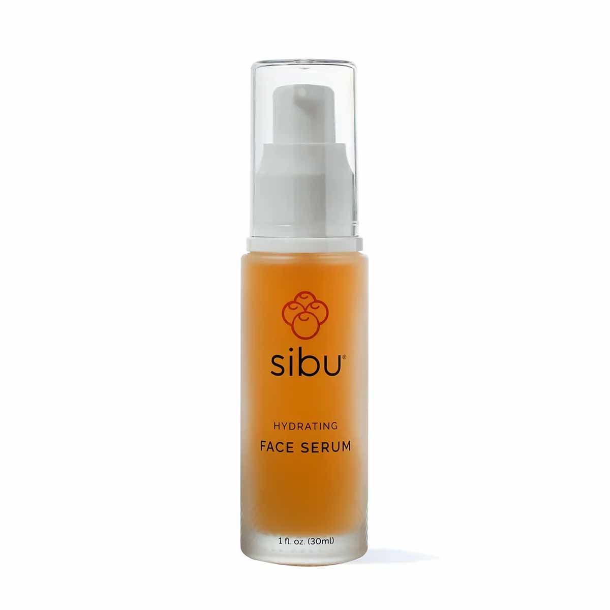 Sibu Beauty hydrating face serum in 1 oz amber glass bottle with white pump dispenser.