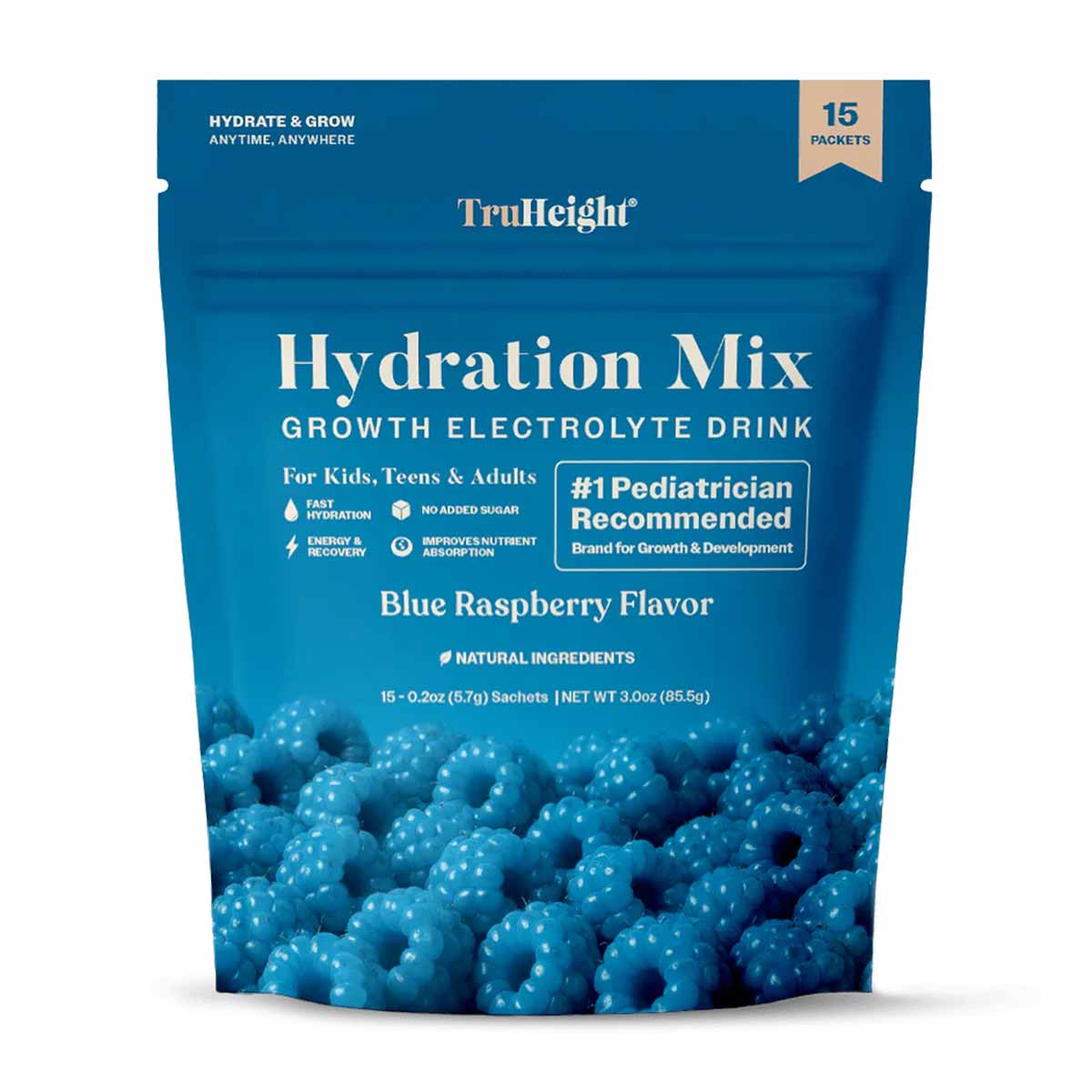 TruHeight Hydration Mix blue pouch with 15 sachets, blue raspberry flavor electrolyte drink packets.