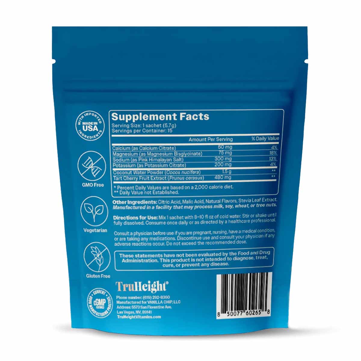 Blue TruHeight Hydration Mix packet displaying supplement facts, ingredients, and usage directions on back panel.