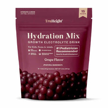 TruHeight Hydration Mix packet in grape flavor with 15 sachets, burgundy pouch with grapes displayed.