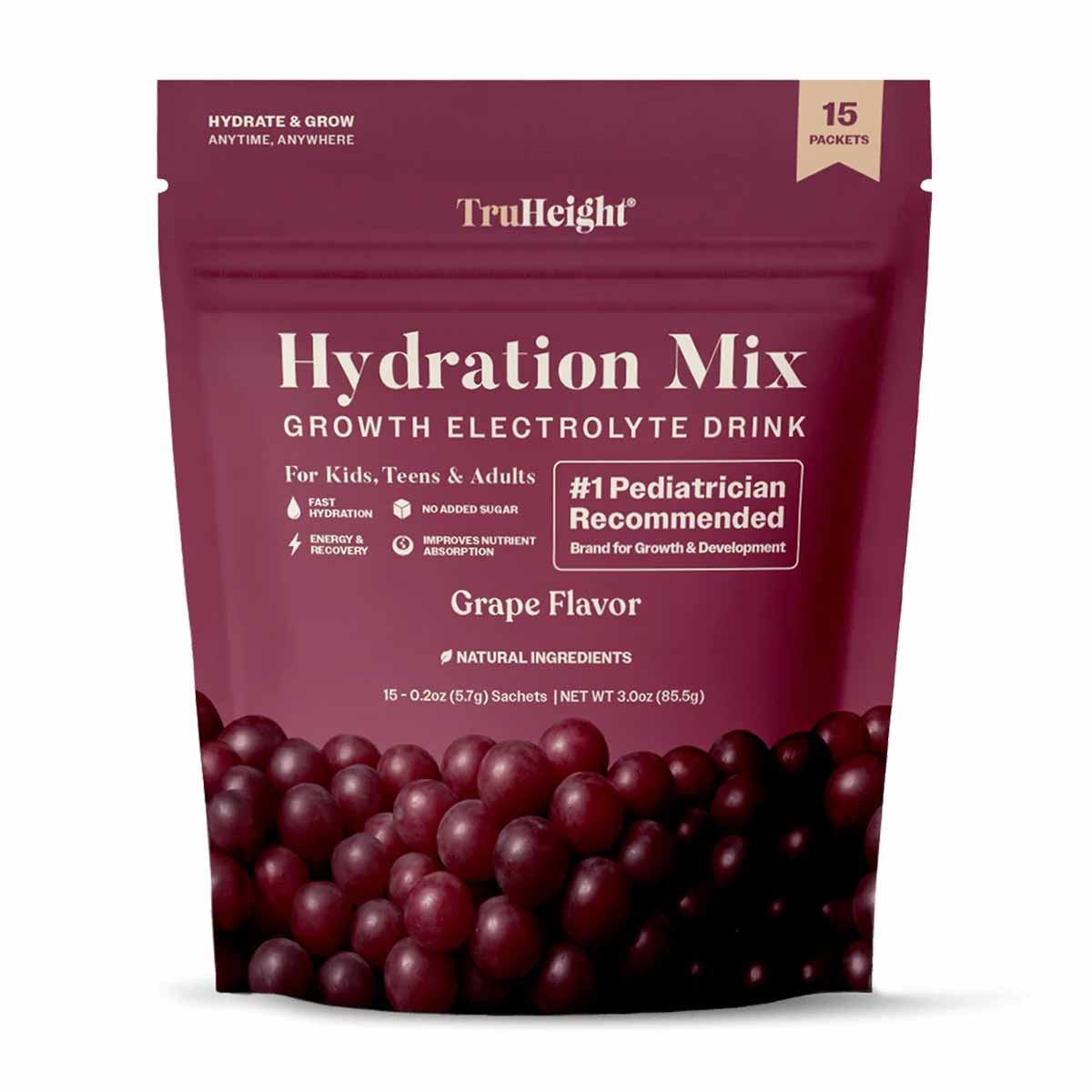 TruHeight Hydration Mix packet in grape flavor with 15 sachets, burgundy pouch with grapes displayed.