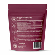 Burgundy pouch of TruHeight Hydration Mix with supplement facts label, ingredients, and directions visible on front.