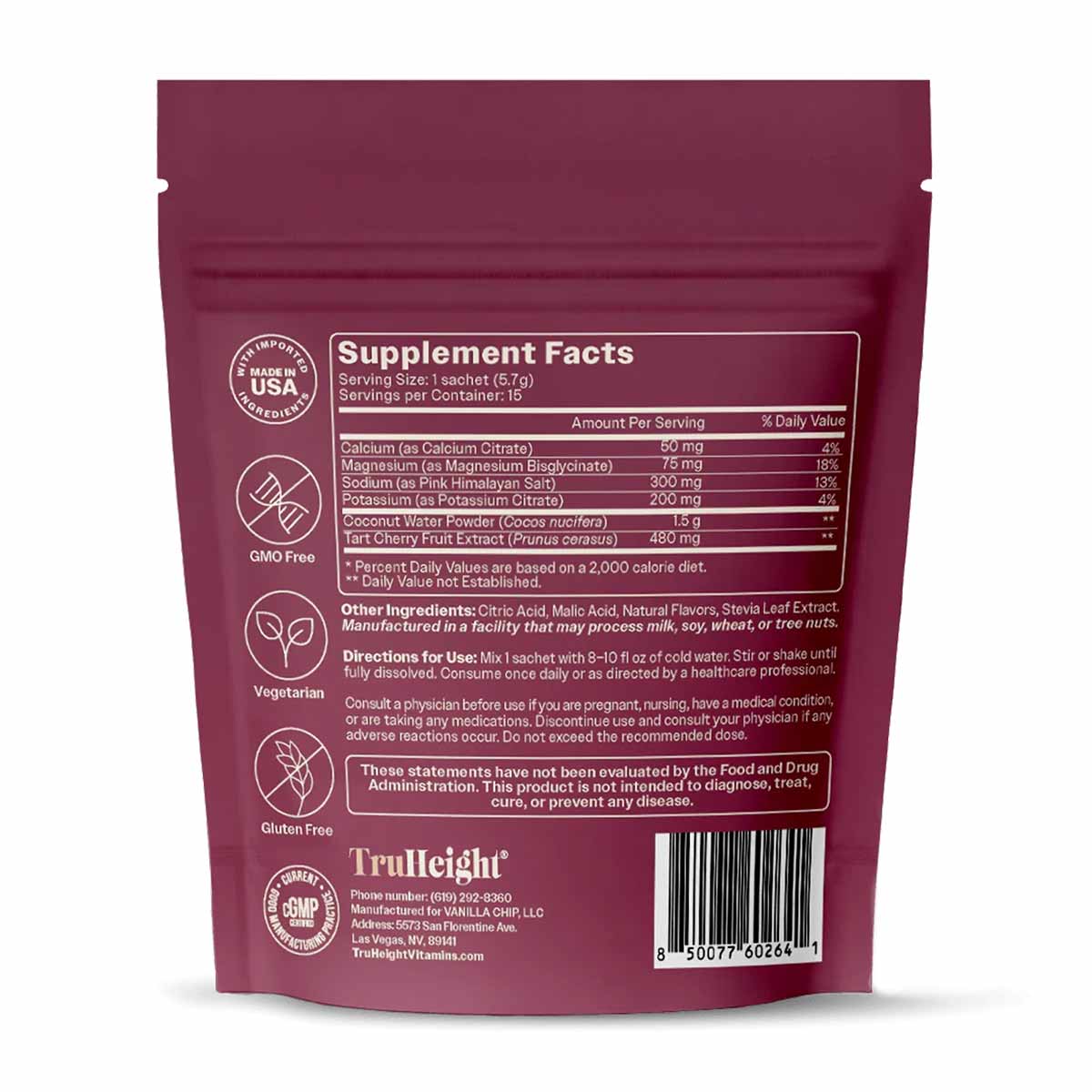 Burgundy pouch of TruHeight Hydration Mix with supplement facts label, ingredients, and directions visible on front.