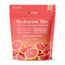 TruHeight Hydration Mix electrolyte drink powder in pink lemonade flavor, 15 packets, red pouch with grapefruit slices.