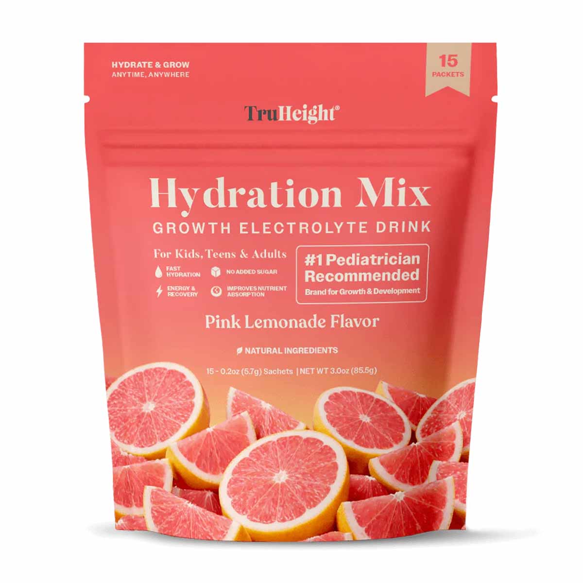 TruHeight Hydration Mix electrolyte drink powder in pink lemonade flavor, 15 packets, red pouch with grapefruit slices.
