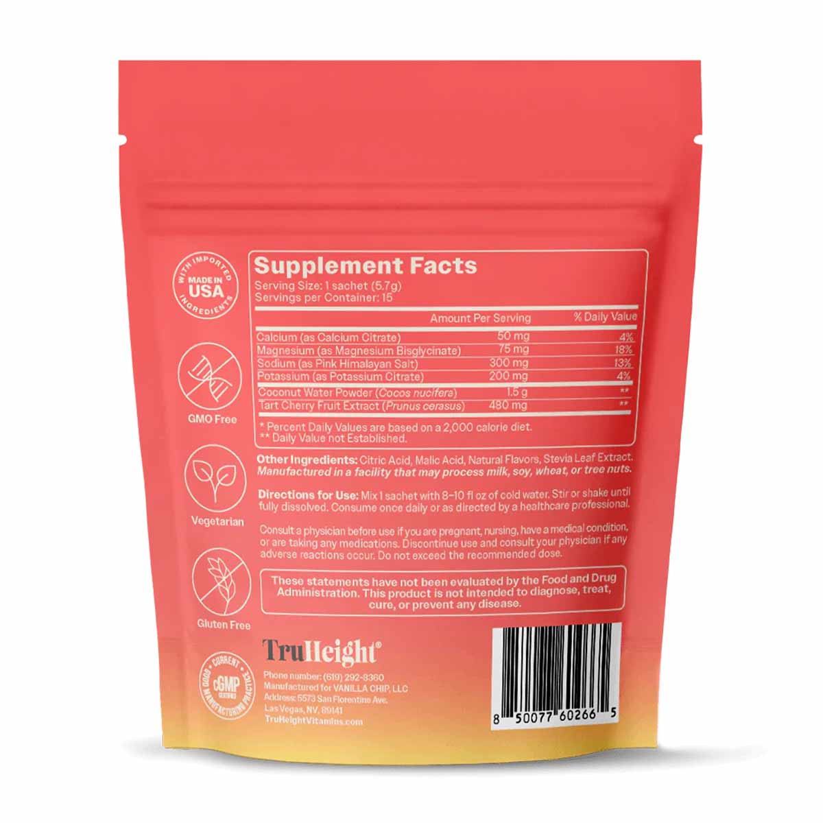 Red and yellow TruHeight Hydration Mix packet with supplement facts label and ingredient information visible.