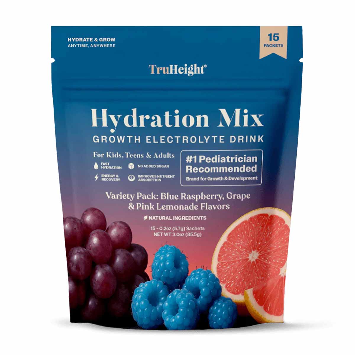 TruHeight Hydration Mix pouch with 15 sachets, displaying blue raspberries, grapes, and grapefruit on gradient blue-to-pink p