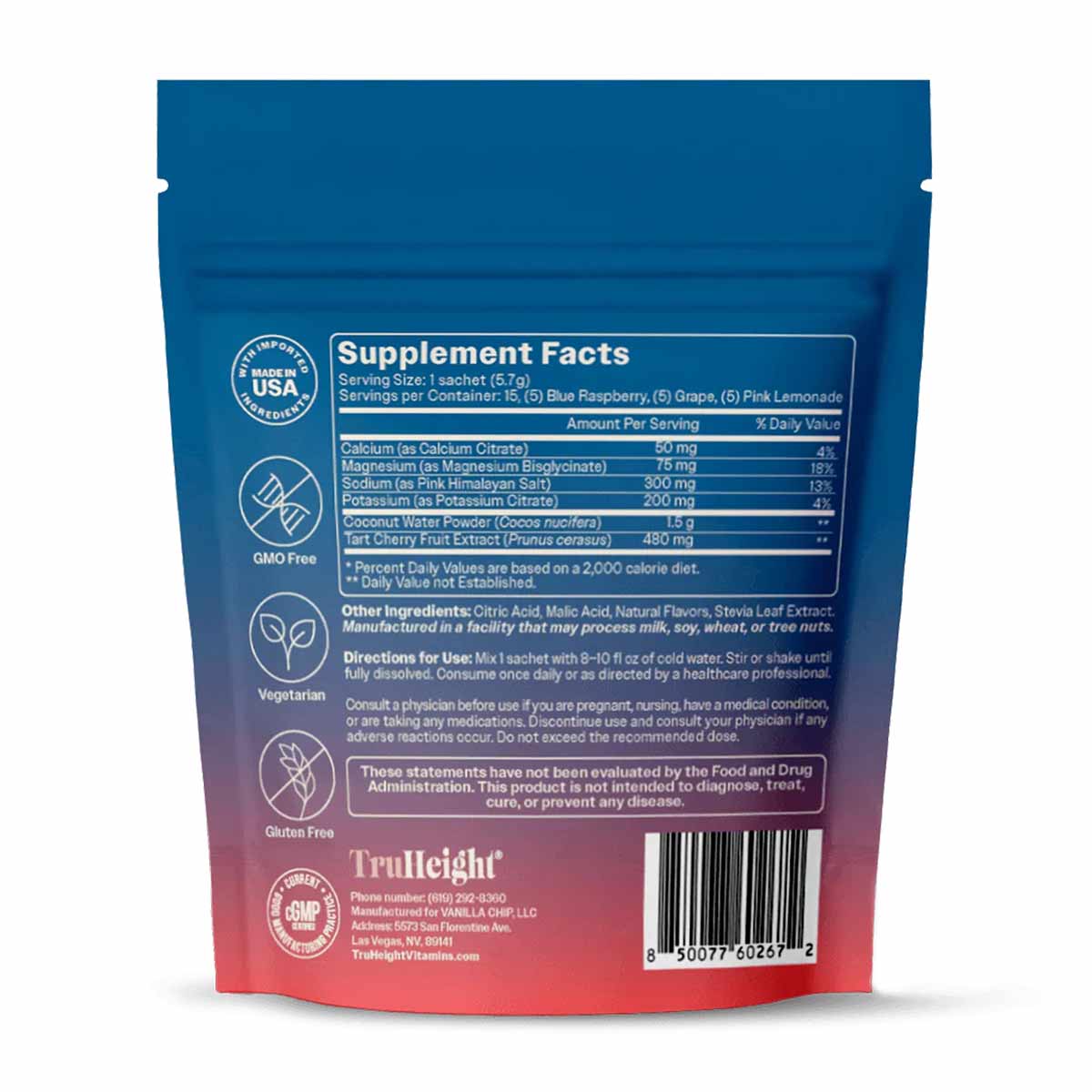 Blue and pink TruHeight Hydration Mix packet with supplement facts label and ingredients list visible.
