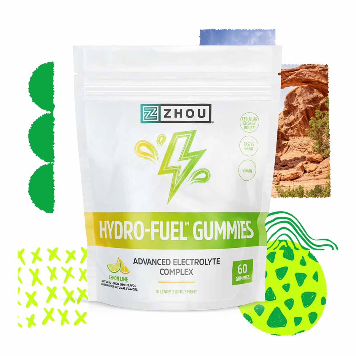 Zhou Nutrition Hydro-Fuel Gummies pouch with lemon lime flavor, 60 gummies, surrounded by cactus and fruit illustrations.