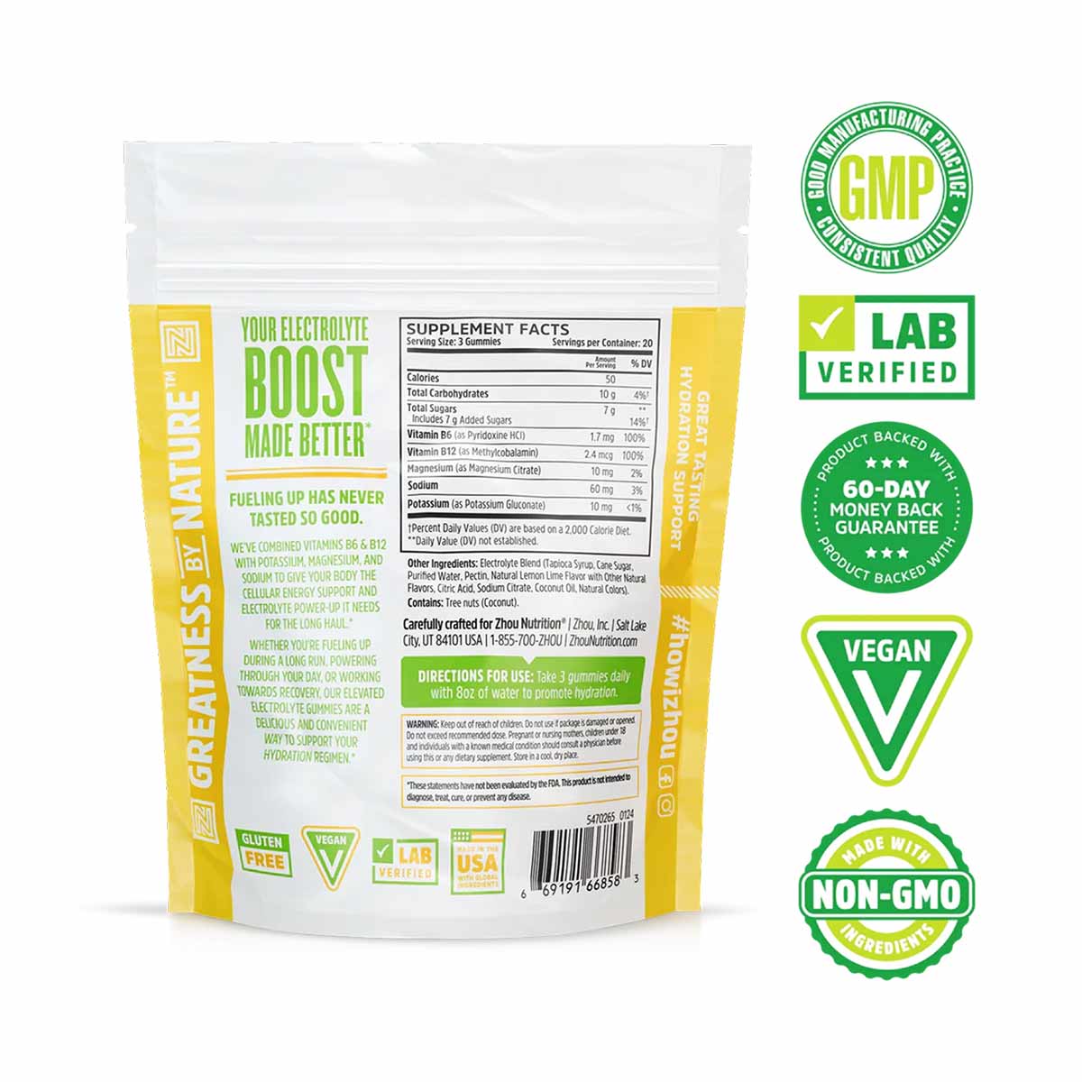 White and yellow pouch of Zhou Nutrition Hydro-Fuel electrolyte gummies with supplement facts and certification badges displa