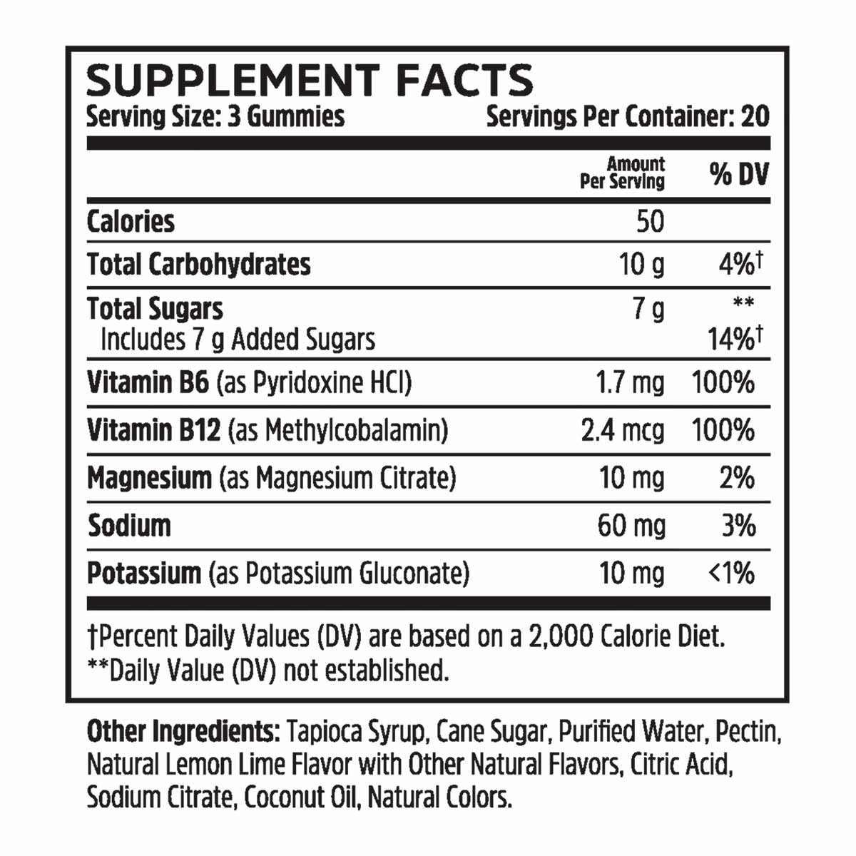 Supplement Facts label for Hydro-Fuel Gummies showing serving size, calories, carbohydrates, vitamins, minerals, and ingredie