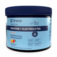 Blue and black plastic container of Trace Minerals Hydro Pak Creatine + Electrolytes powder, Orange Mango flavor, 30 scoops, 
