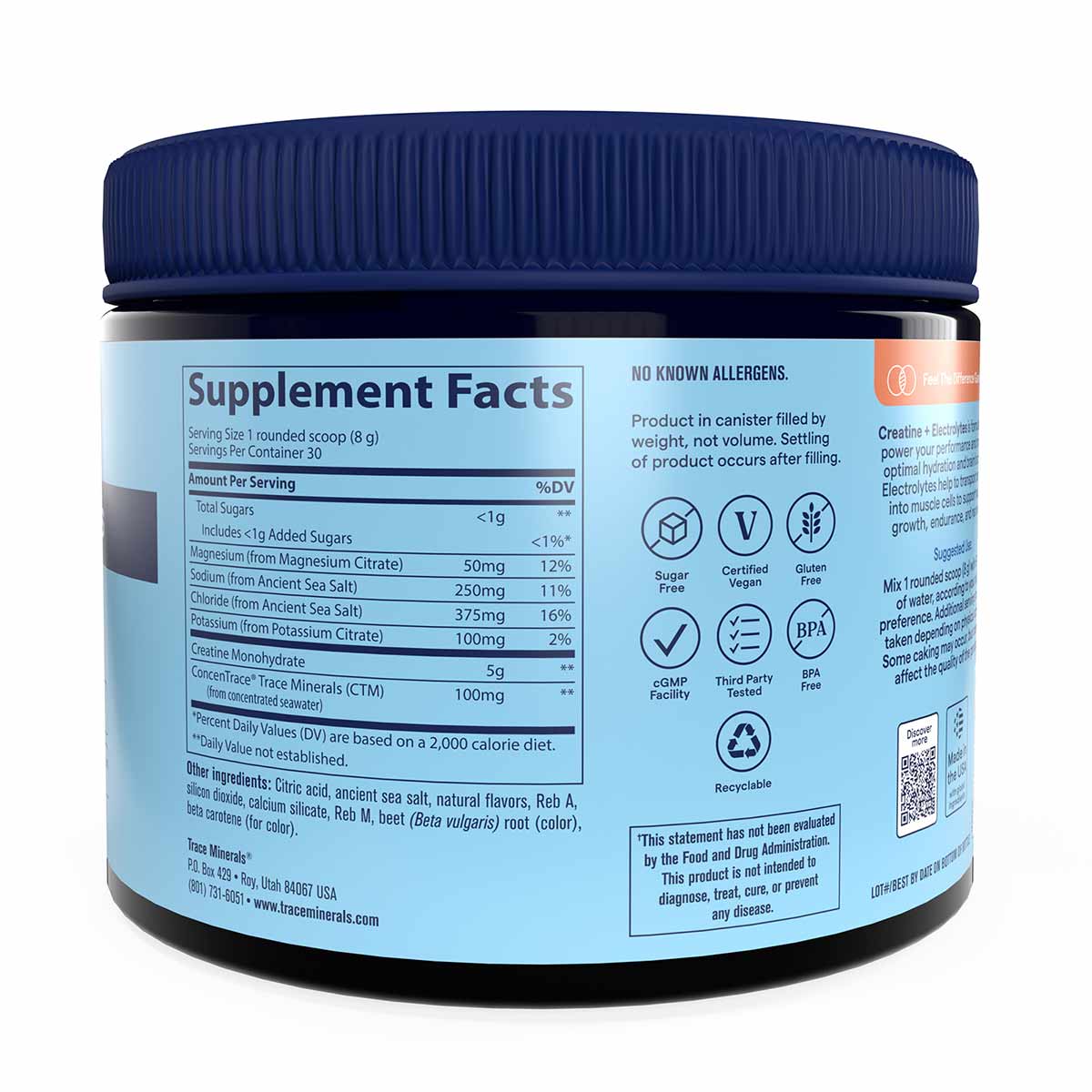 Dark container with light blue label displaying supplement facts for creatine and electrolyte powder by Trace Minerals Resear