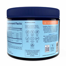 Black container with blue screw-on lid and light blue label displaying supplement facts, ingredients, and product information