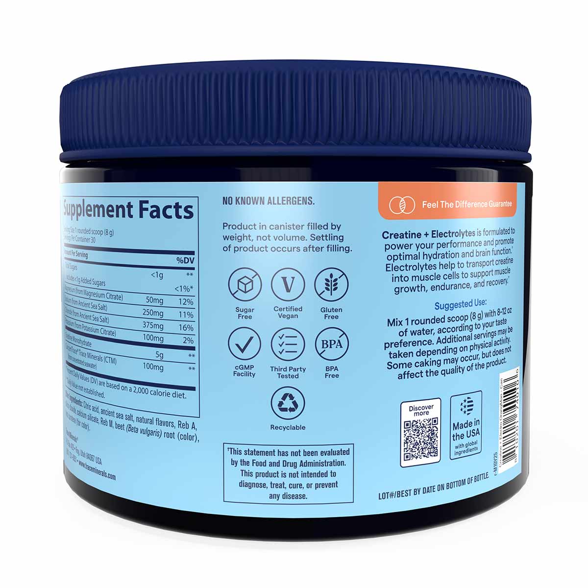 Black container with blue screw-on lid and light blue label displaying supplement facts, ingredients, and product information