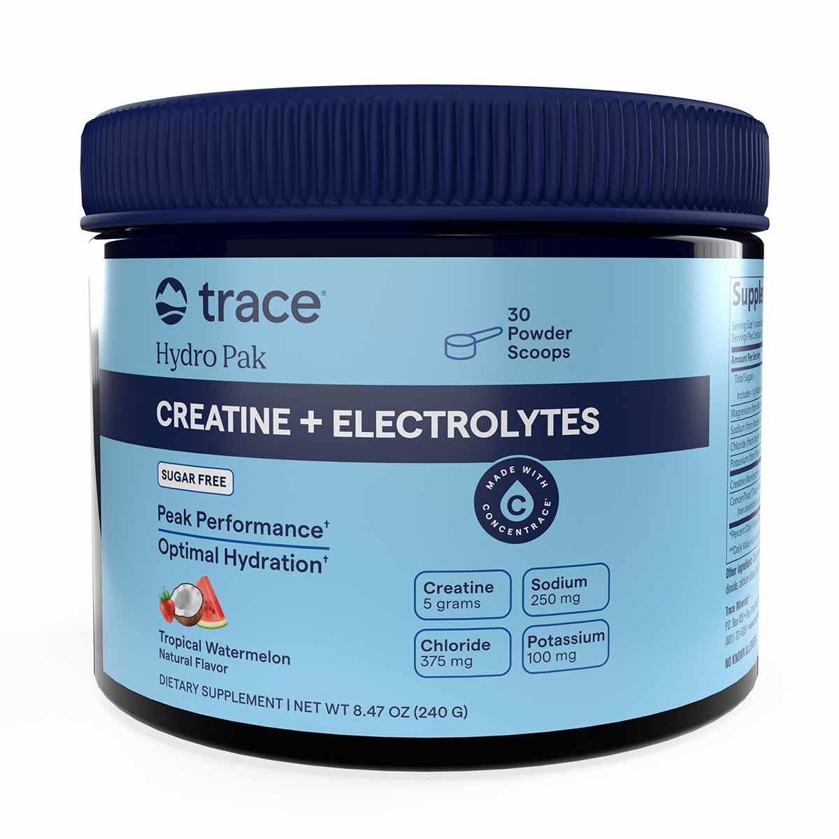 Trace Minerals Hydro Pak Creatine + Electrolytes powder in light blue container with dark blue lid, 8.47 oz.