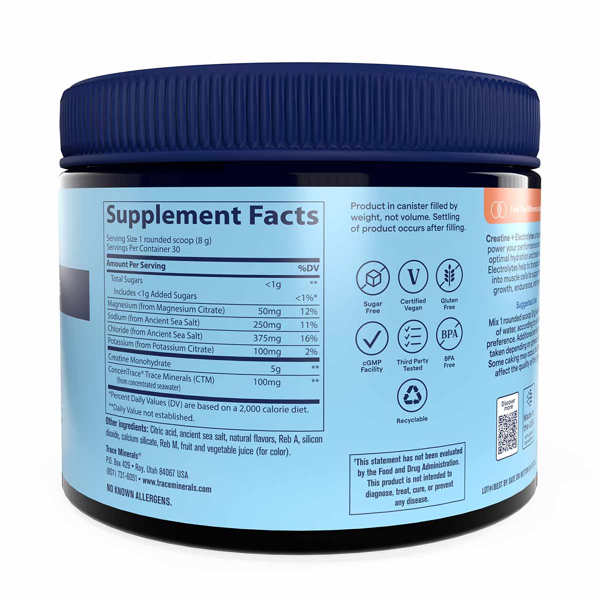 Blue and black container with navy screw cap displaying Supplement Facts label for Hydro Pak Creatine + Electrolytes powder.