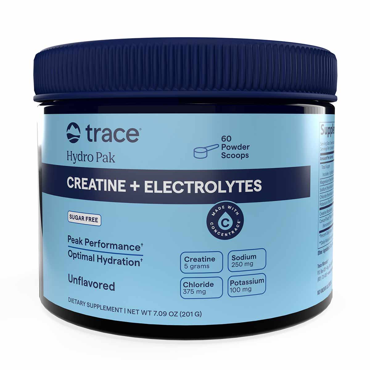 Cylindrical powder container with light blue label, dark blue cap, and dark stripe displaying "Creatine + Electrolytes" text 