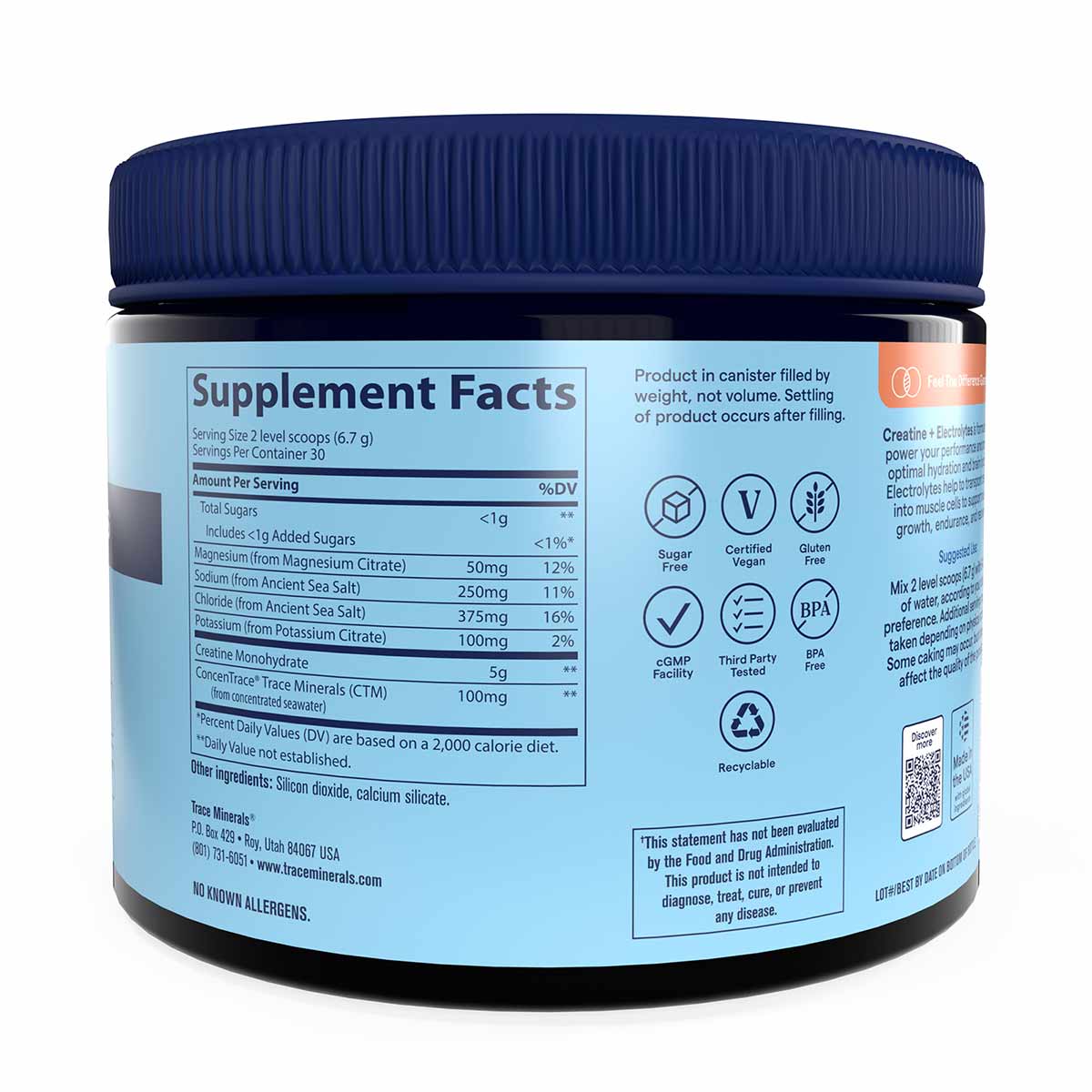 Dark container with blue screw-on lid and light blue label displaying supplement facts, ingredients, and product certificatio