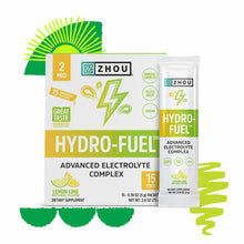 Zhou Nutrition HydroFuel stick packs with lemon lime flavor, 15-pack box and single stick packet displayed.