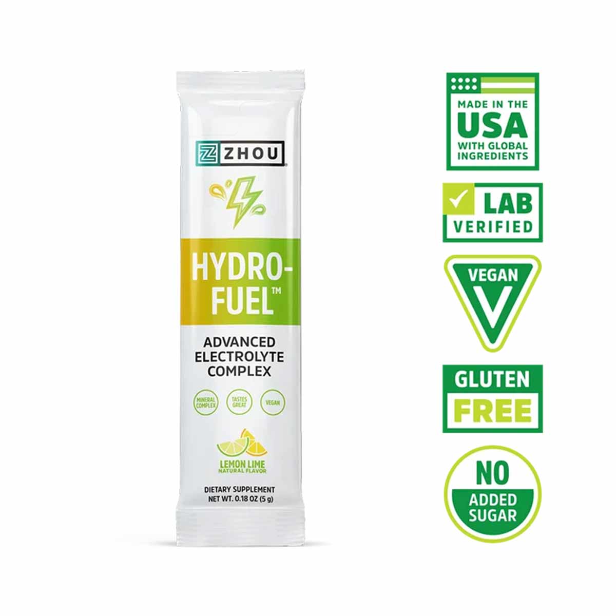 Single white and green HydroFuel stick pack by Zhou Nutrition with lemon lime flavor and certification badges displayed on ri