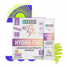 Zhou Nutrition HydroFuel stick packs with advanced electrolyte complex in passionfruit lemonade flavor, 15-pack box and indiv