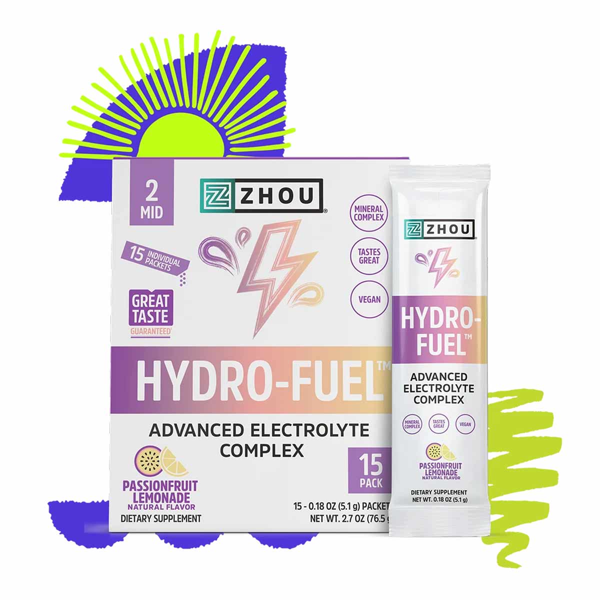 Zhou Nutrition HydroFuel stick packs with advanced electrolyte complex in passionfruit lemonade flavor, 15-pack box and indiv