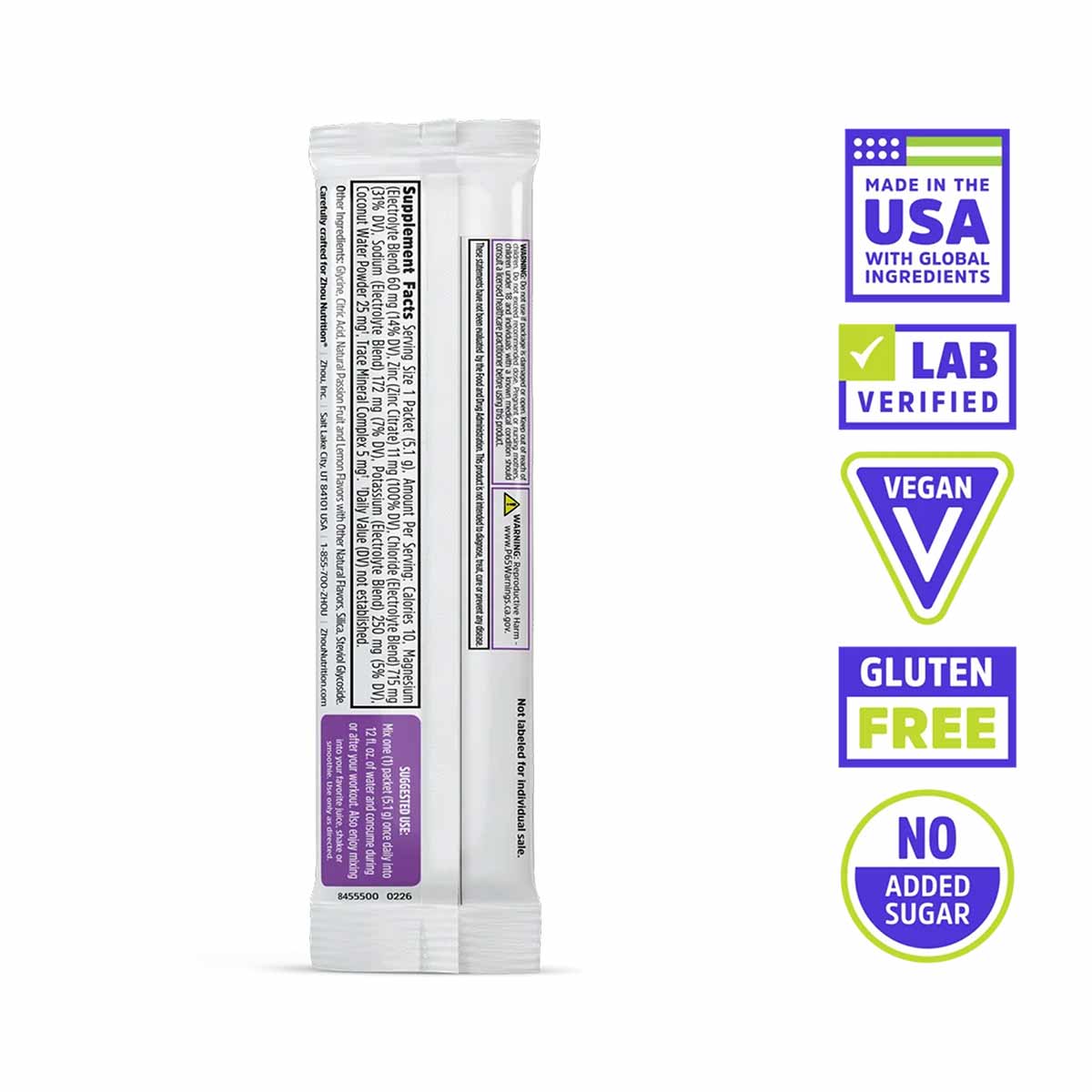 Zhou Nutrition HydroFuel stick pack with nutrition label and certification badges for USA made, lab verified, vegan, gluten-f