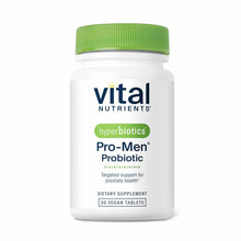 White bottle with green cap labeled Vital Nutrients Hyperbiotics Pro-Men Probiotic, 30 vegan tablets.