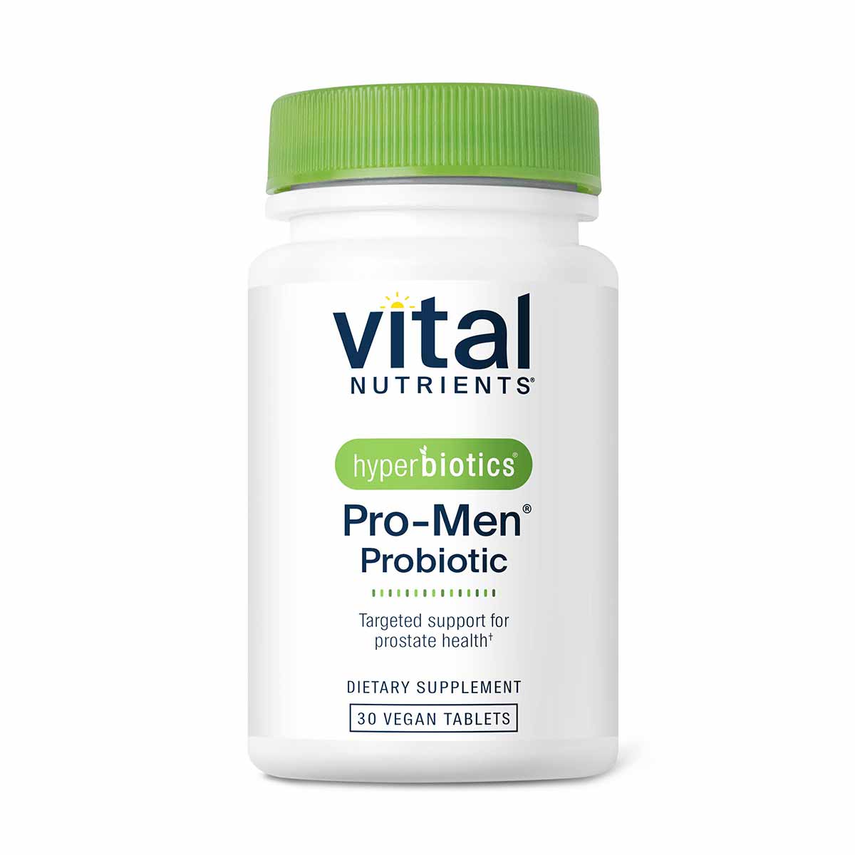 White bottle with green cap labeled Vital Nutrients Hyperbiotics Pro-Men Probiotic, 30 vegan tablets.