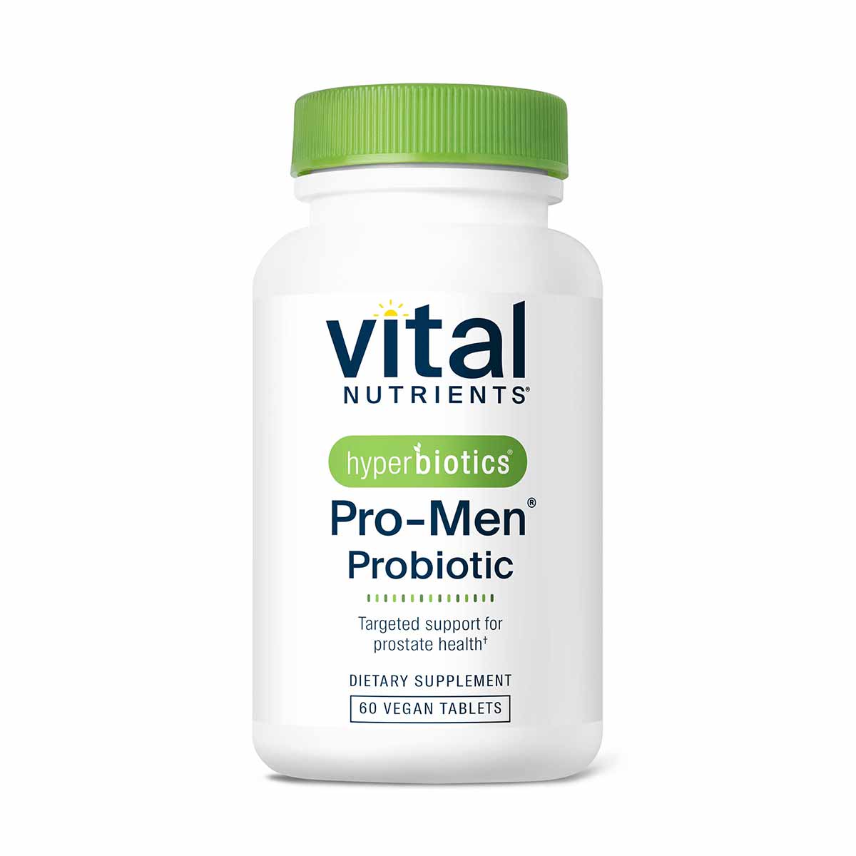 White bottle with green cap labeled "Vital Nutrients Hyperbiotics Pro-Men Probiotic, 60 vegan tablets."