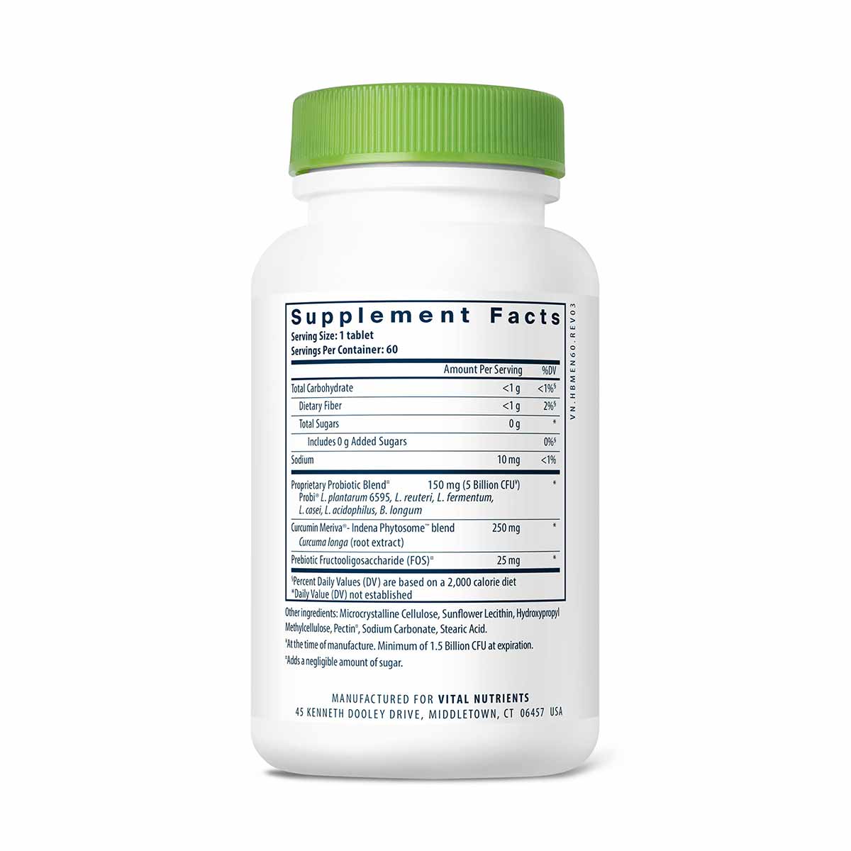 White supplement bottle with green cap displaying Supplement Facts label for probiotic tablet formula.