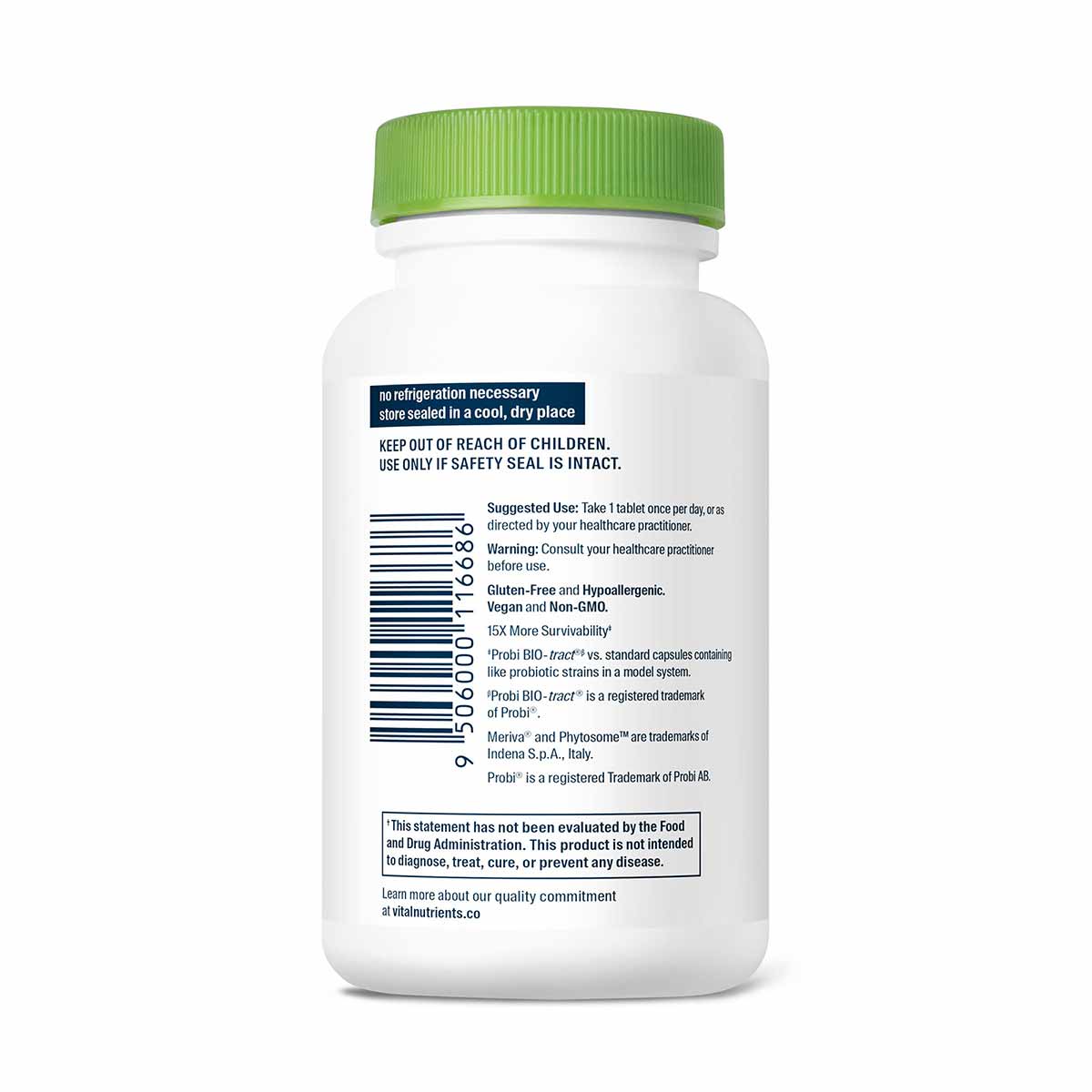 White plastic bottle with green cap containing probiotic supplement tablets with product information and instructions label.