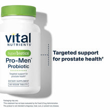 White bottle with green cap labeled Vital Nutrients Hyperbiotics Pro-Men Probiotic, 60 vegan tablets.