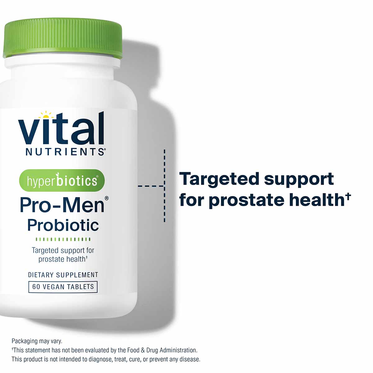 White bottle with green cap labeled "Vital Nutrients Hyperbiotics Pro-Men Probiotic," 60 vegan tablets, dietary supplement.