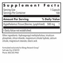 Supplement Facts label showing 100 vegetable capsules containing 500 mg bovine hypothalamus tissue per capsule.