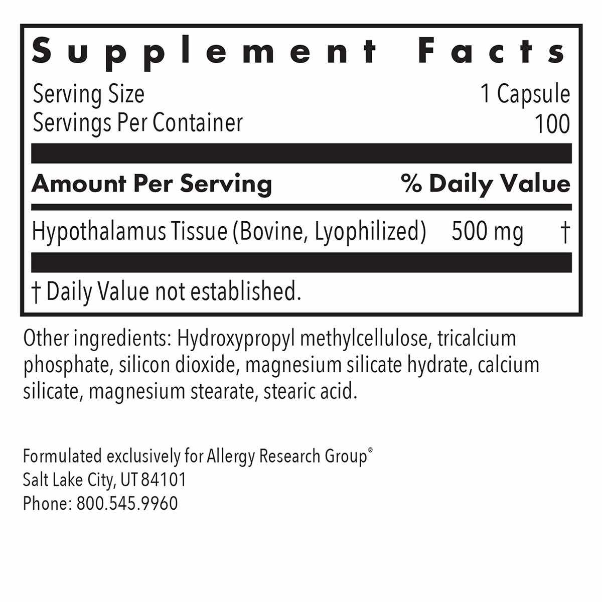 Supplement Facts label showing 100 vegetable capsules containing 500 mg bovine hypothalamus tissue per capsule.