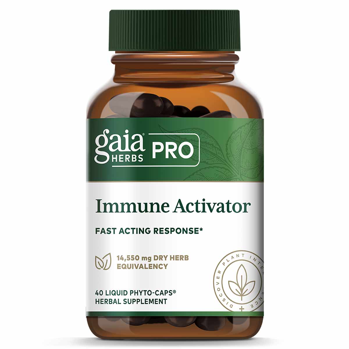 Gaia Herbs Pro Immune Activator bottle containing 40 dark liquid phyto-caps with green cap and white label.