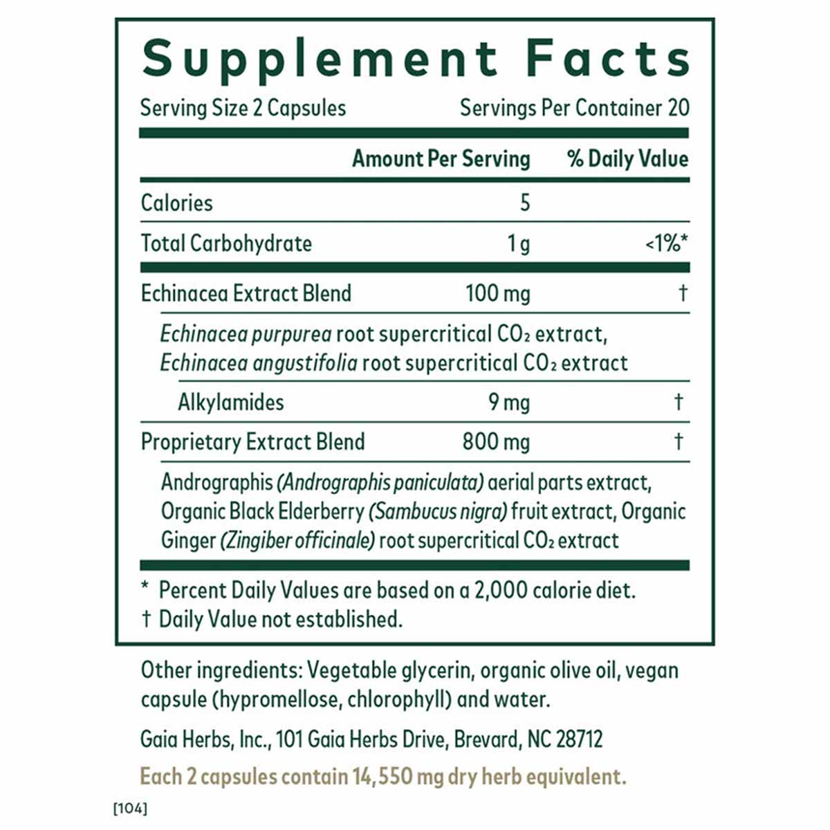 Supplement Facts label for Gaia Herbs Immune Activator showing serving size, nutritional information, and herbal blend ingred