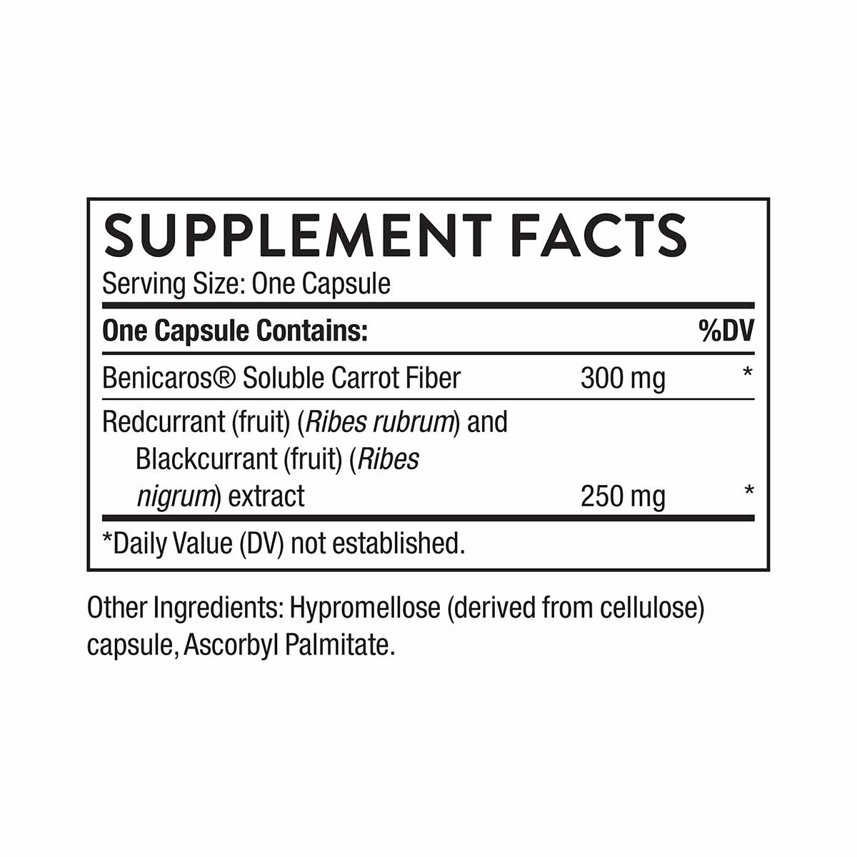 Supplement Facts label for Immune Activator showing serving size of one capsule with Benicaros Soluble Carrot Fiber and Redcu