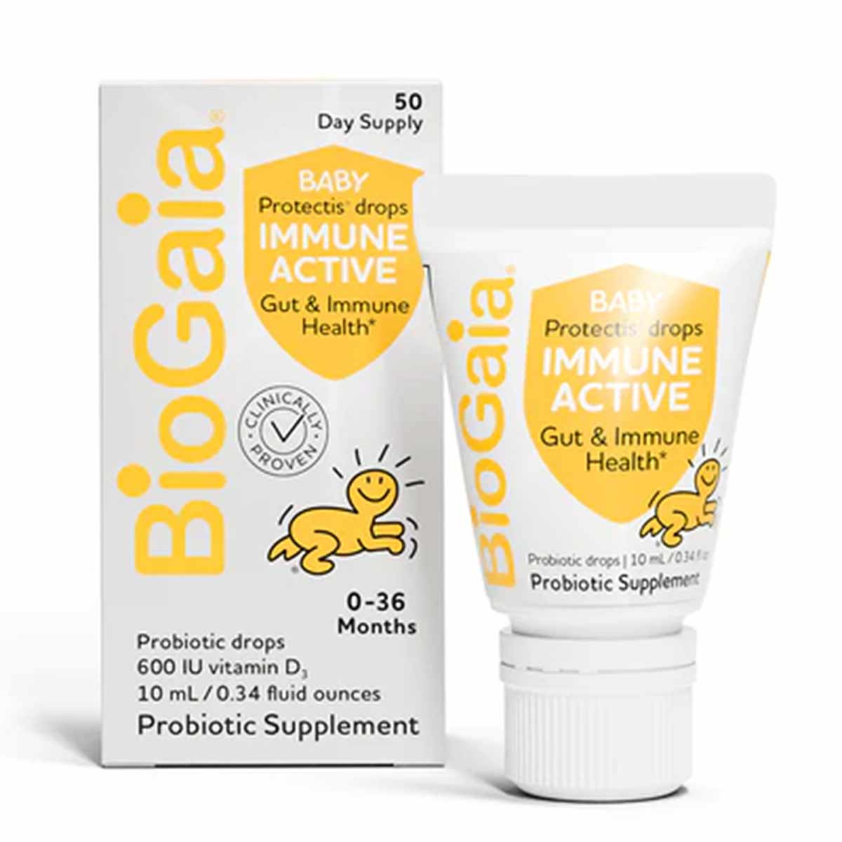 BioGaia Immune Active baby probiotic drops box and tube with yellow branding and smiling baby illustration.