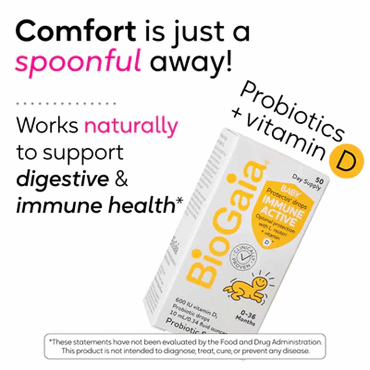 BioGaia Immune Active baby probiotic drops bottle with yellow label and vitamin D symbol on white background.