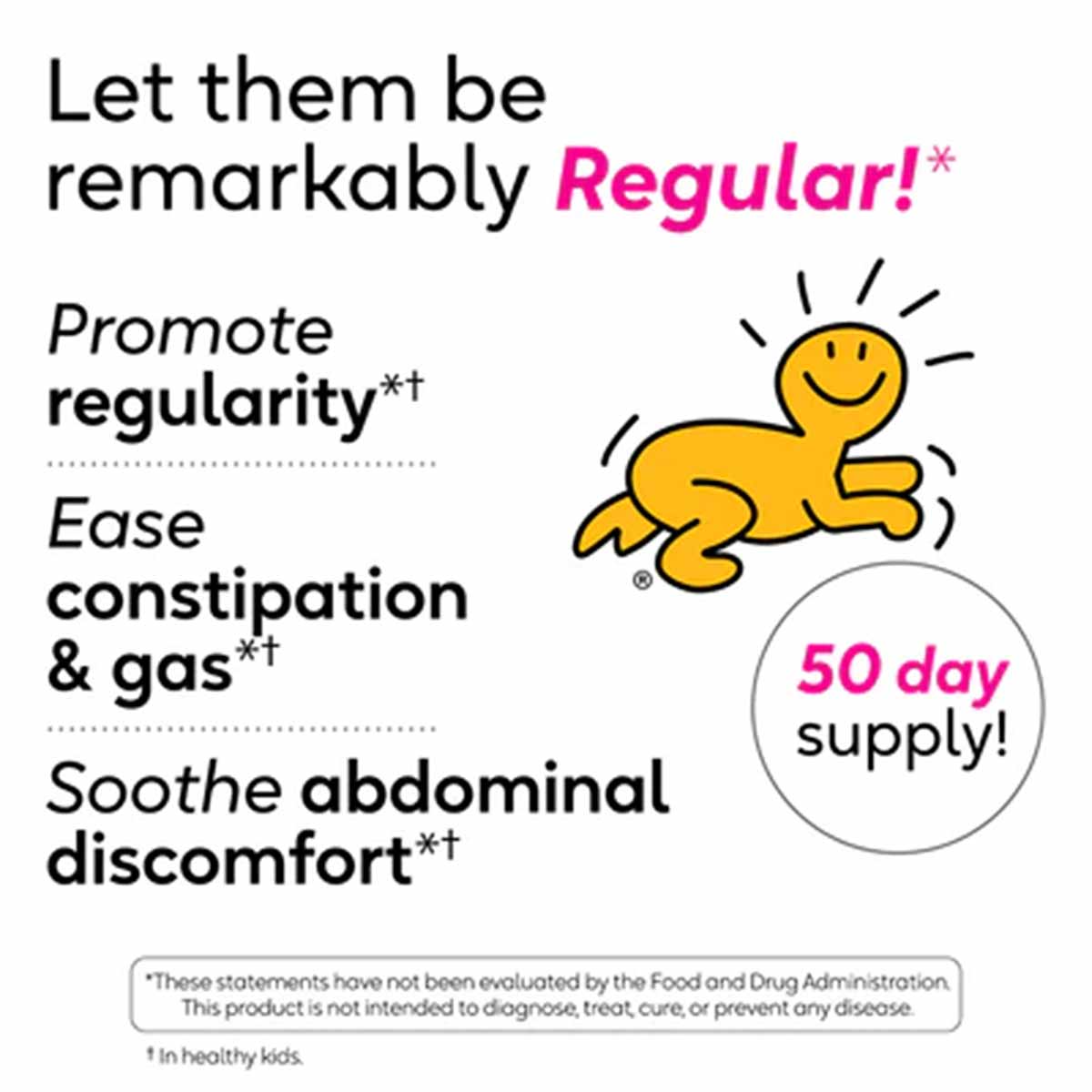 BioGaia probiotic drops packaging with text describing benefits and yellow smiling baby character graphic, 50 day supply indi
