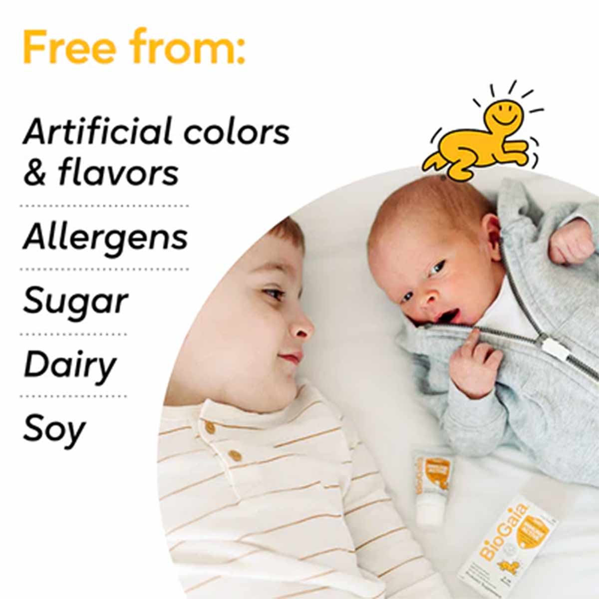 BioGaia probiotic drops bottle displayed next to two infants in light-colored clothing with yellow smiley face graphic.
