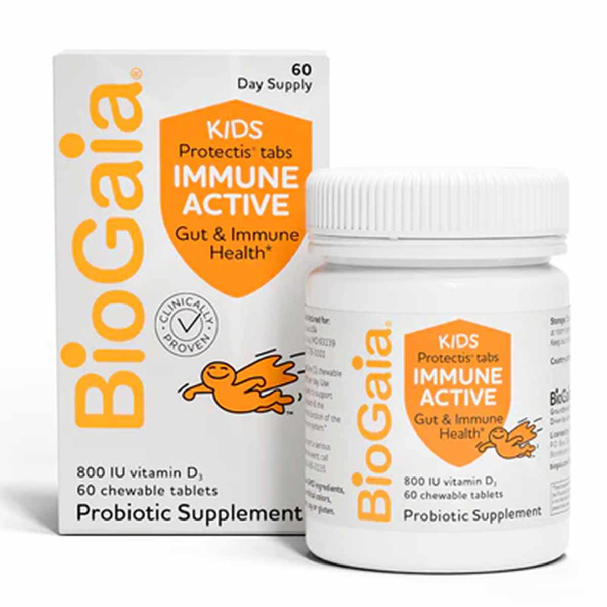 BioGaia Immune Active Kids probiotic chewable tablets box and white bottle with orange label, 60-day supply.